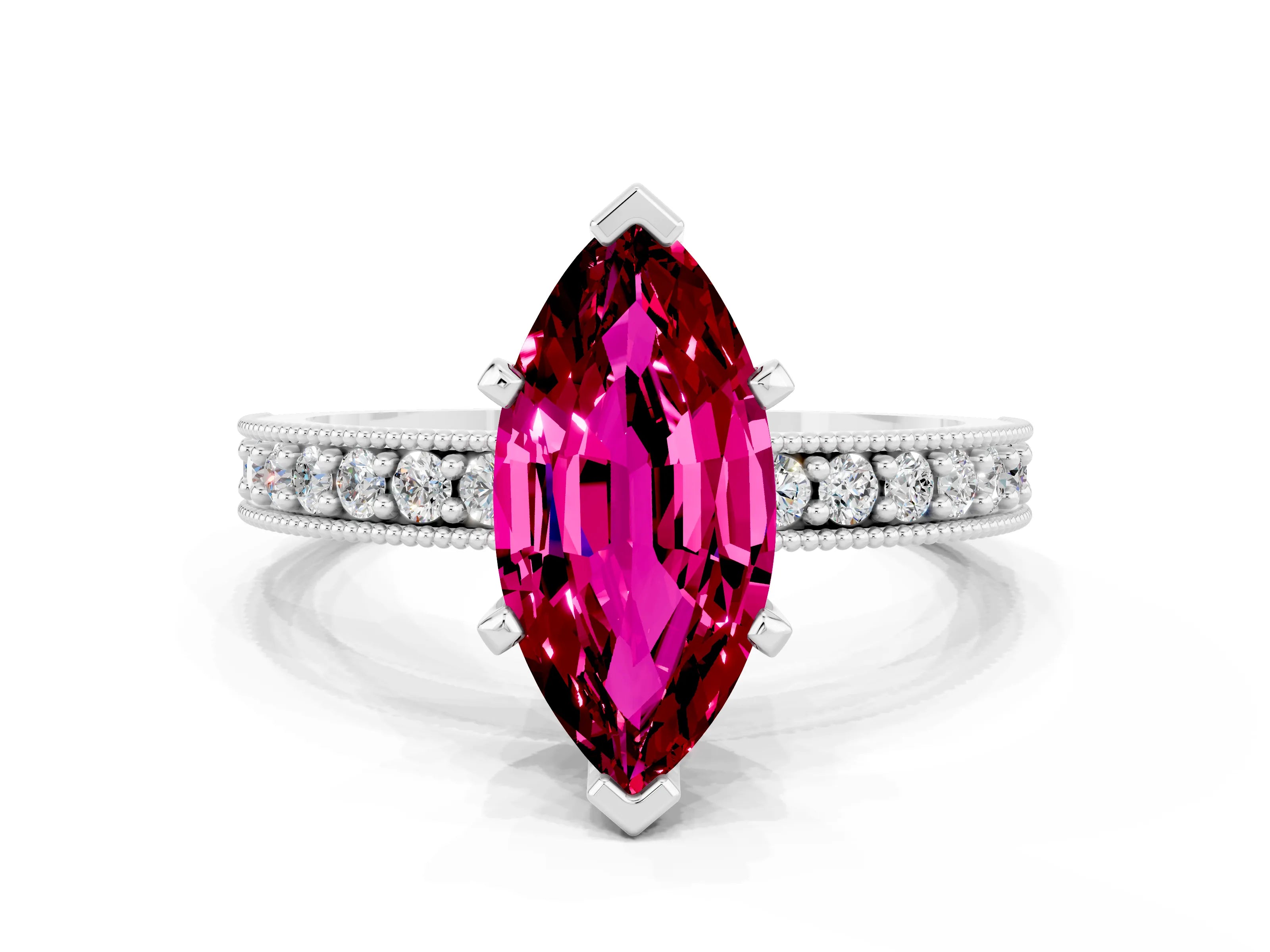 White gold Marquise Cut Garnet Milgrain Pavé Engagement Ring with Four-Prong Setting