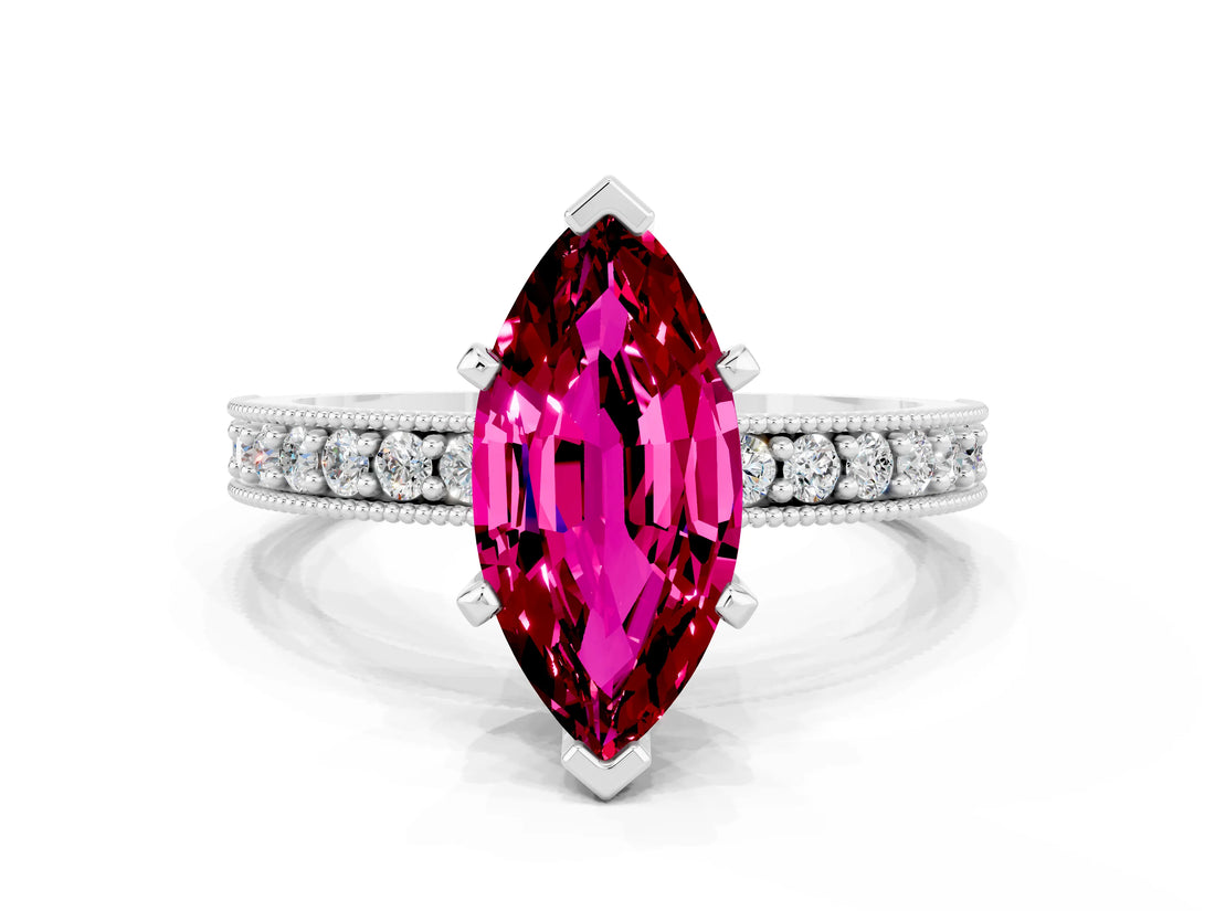 White gold Marquise Cut Garnet Milgrain Pavé Engagement Ring with Four-Prong Setting