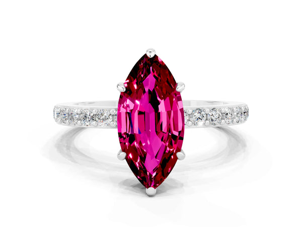 Silver Marquise Cut Garnet Pavé Engagement Ring with Round  Accents and Prong Setting