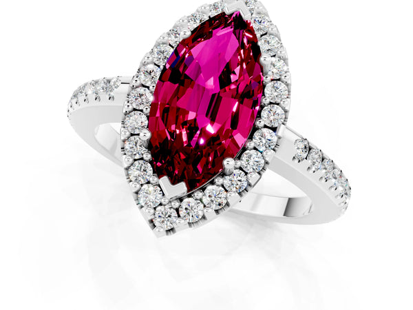 Silver Marquise Cut Garnet Pavé Halo Ring with Four-Prong Setting