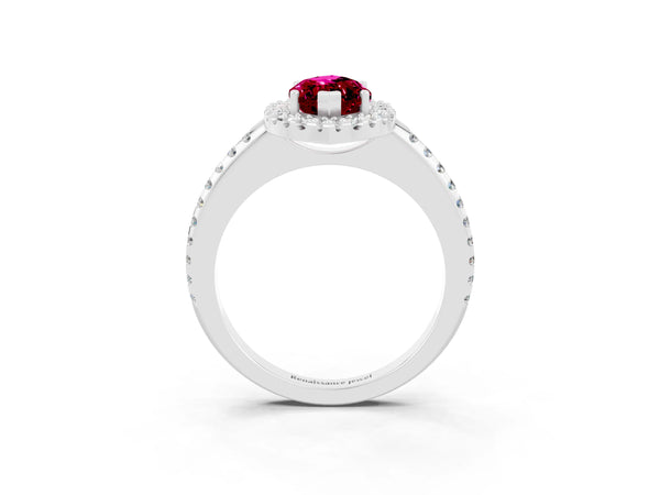 Platinum Marquise Cut Garnet Pavé Halo Ring with Four-Prong Setting