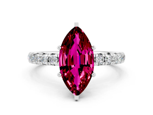 Platinum Marquise Cut Garnet Pavé Solitaire Ring with Round Band and Prong Setting