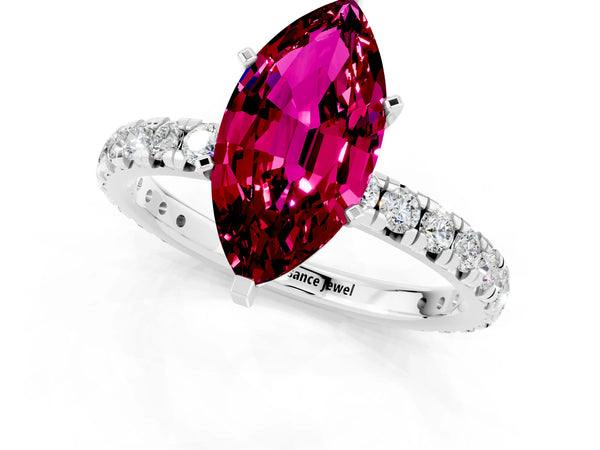 Silver Marquise Cut Garnet Pavé Solitaire Ring with Round Band and Prong Setting