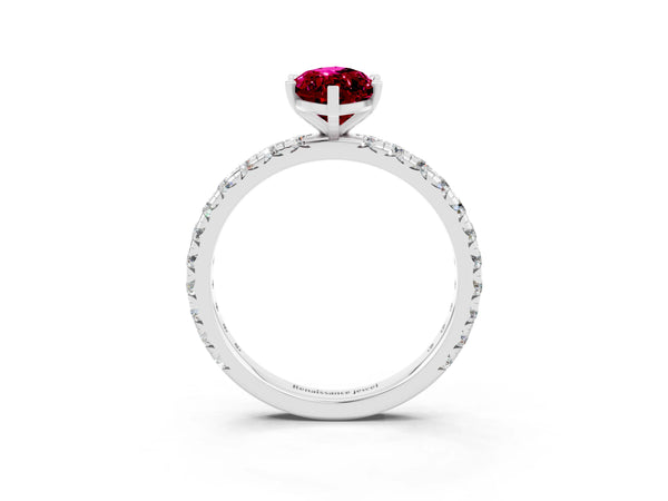 Platinum Marquise Cut Garnet Pavé Solitaire Ring with Round Band and Prong Setting