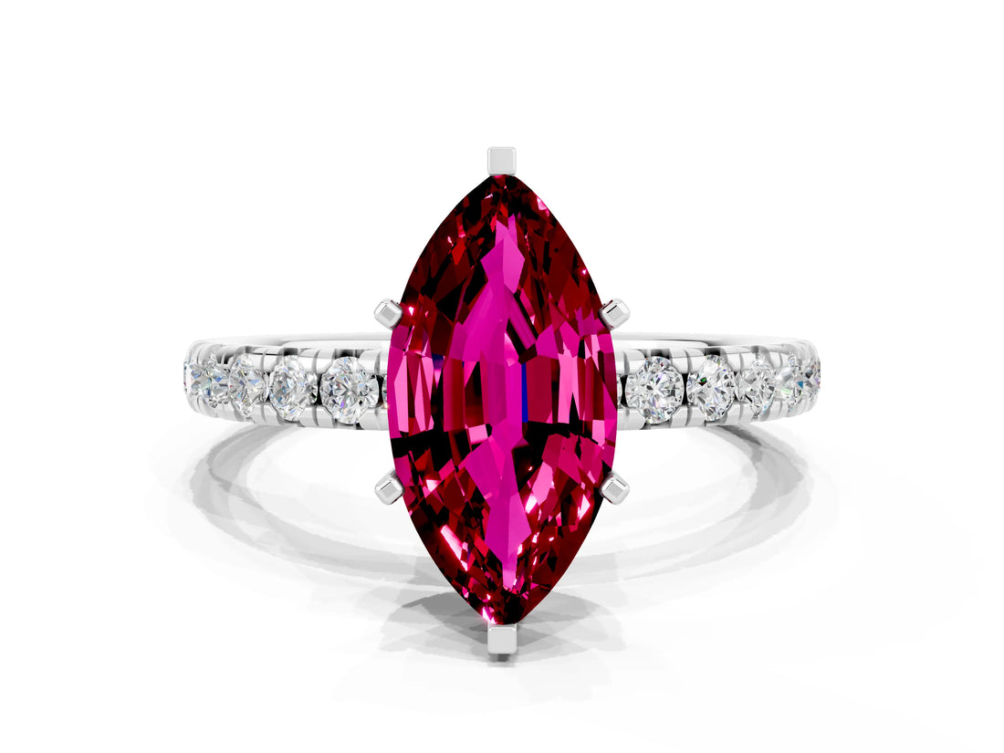 White gold Marquise Cut Garnet Pavé Solitaire Ring with Round Band and Prong Setting_36