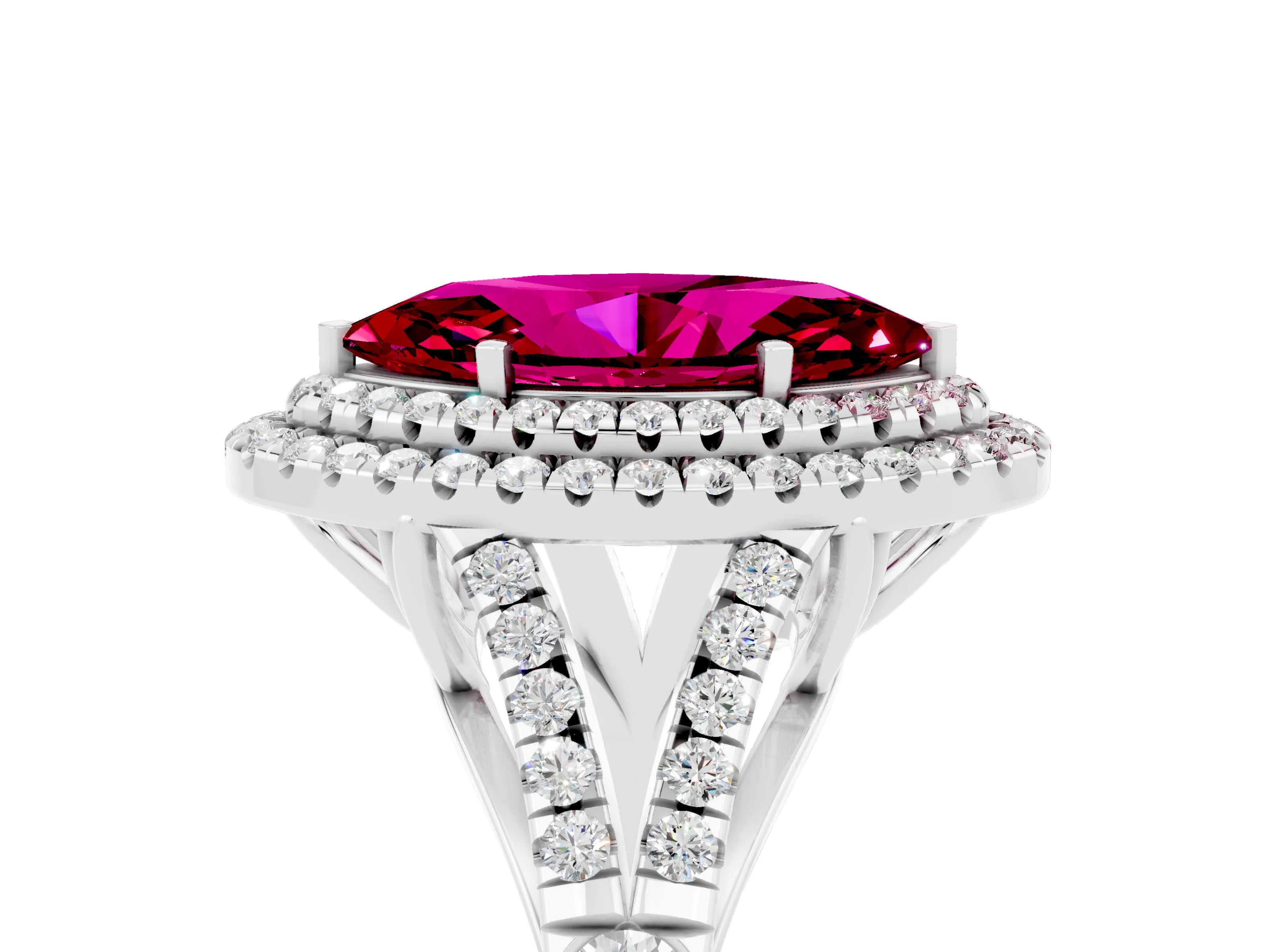 White gold Marquise Cut Garnet Pavé Split Shank Double Halo Engagement Ring_5