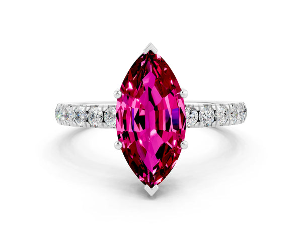 White gold Marquise Cut Garnet Pave Band Solitaire Ring with Round  and Prong Setting
