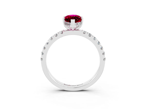 Platinum Marquise Cut Garnet Pave Band Solitaire Ring with Round  and Prong Setting