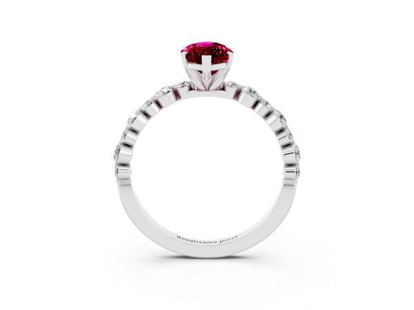 Silver Marquise Cut Garnet Prong Set Engagement Ring with Pavé Band