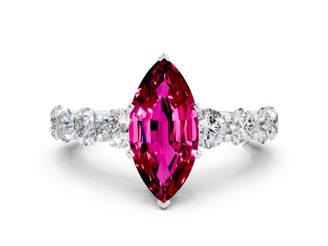 White gold Marquise Cut Garnet Prong Setting with Side Stones on a Pave Band