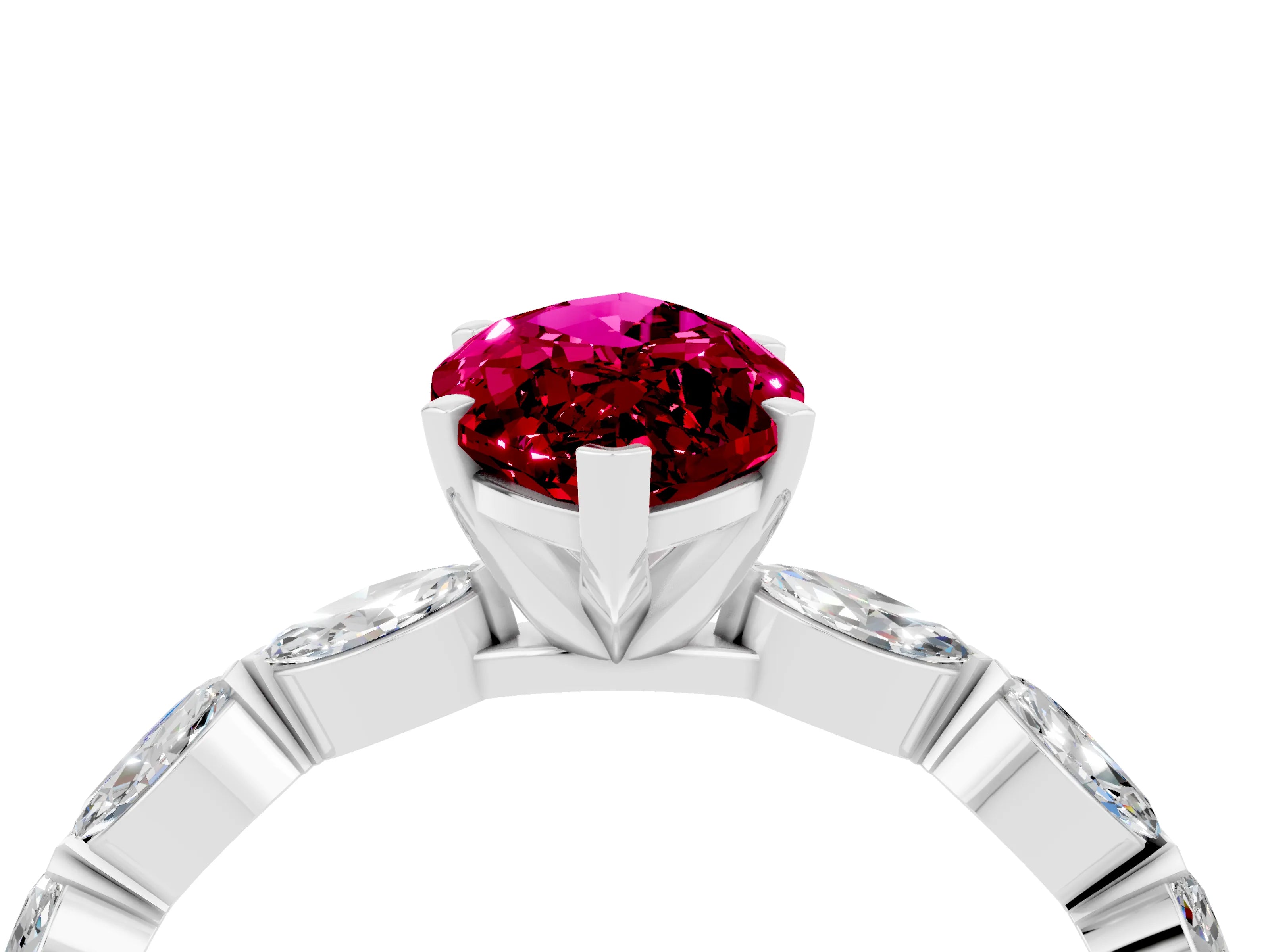 White gold Marquise Cut Garnet Ring with Marquise Side Stones and Prong Setting_4