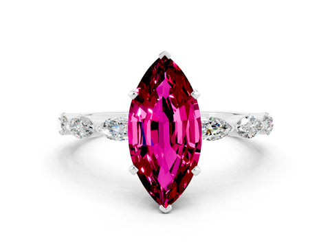 White gold Marquise Cut Garnet Ring with Marquise Side Stones and Prong Setting
