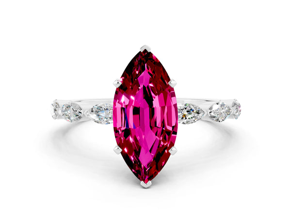 White gold Marquise Cut Garnet Ring with Marquise Side Stones and Prong Setting