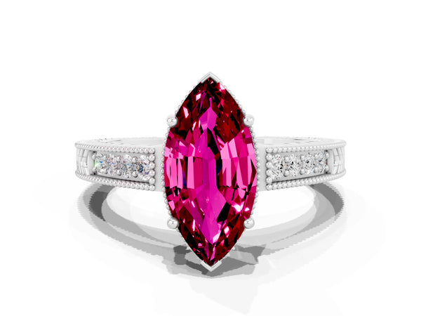 White gold Marquise Cut Garnet Ring with Milgrain Pavé Band and Four-Prong Setting