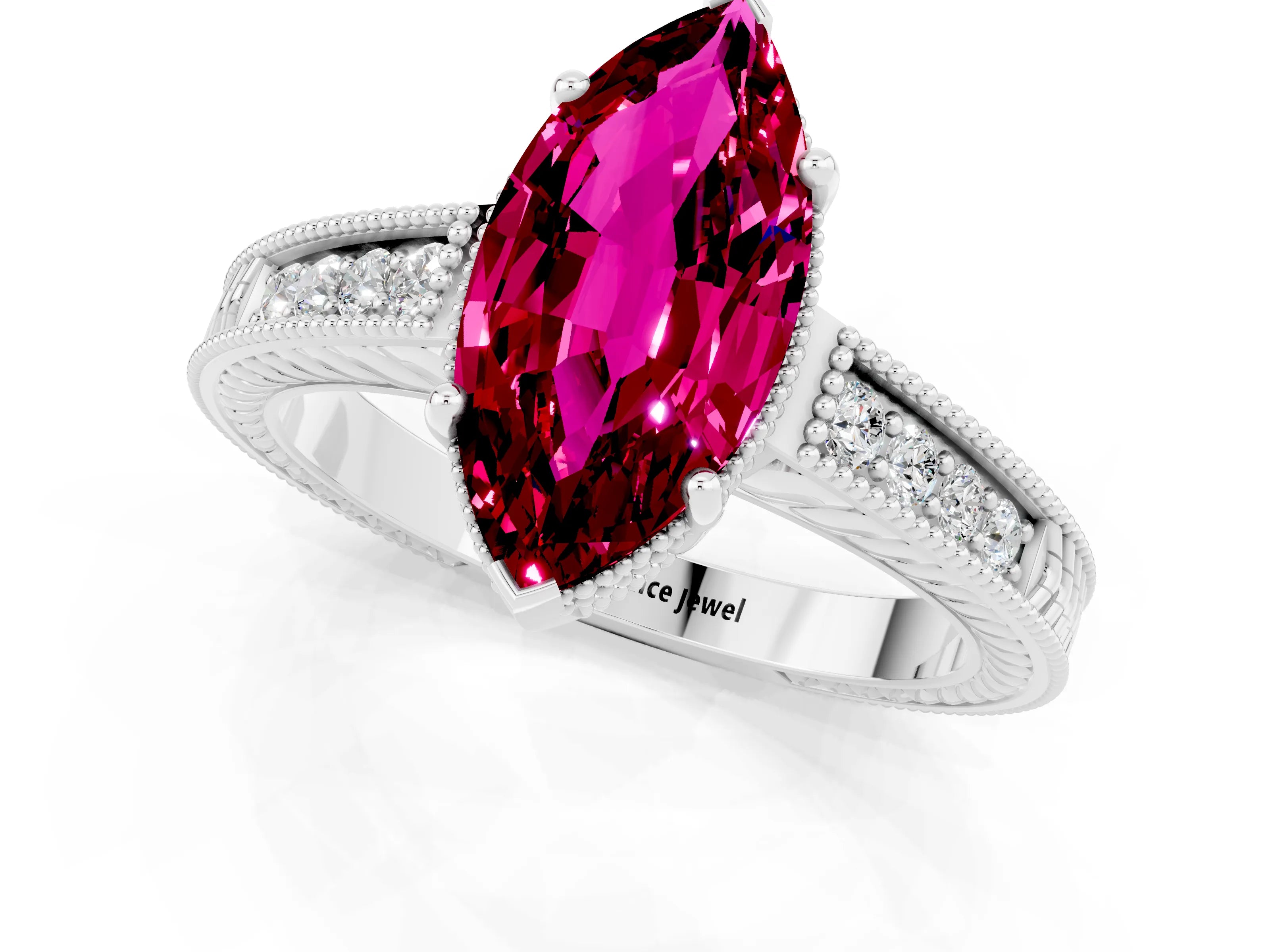 White gold Marquise Cut Garnet Ring with Milgrain Pavé Band and Four-Prong Setting_13