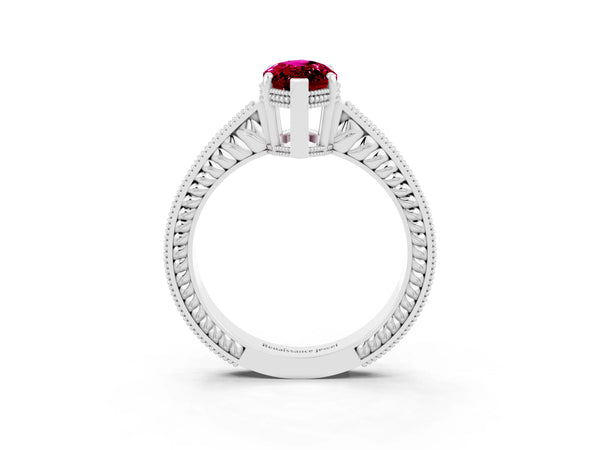 Platinum Marquise Cut Garnet Ring with Milgrain Pavé Band and Four-Prong Setting