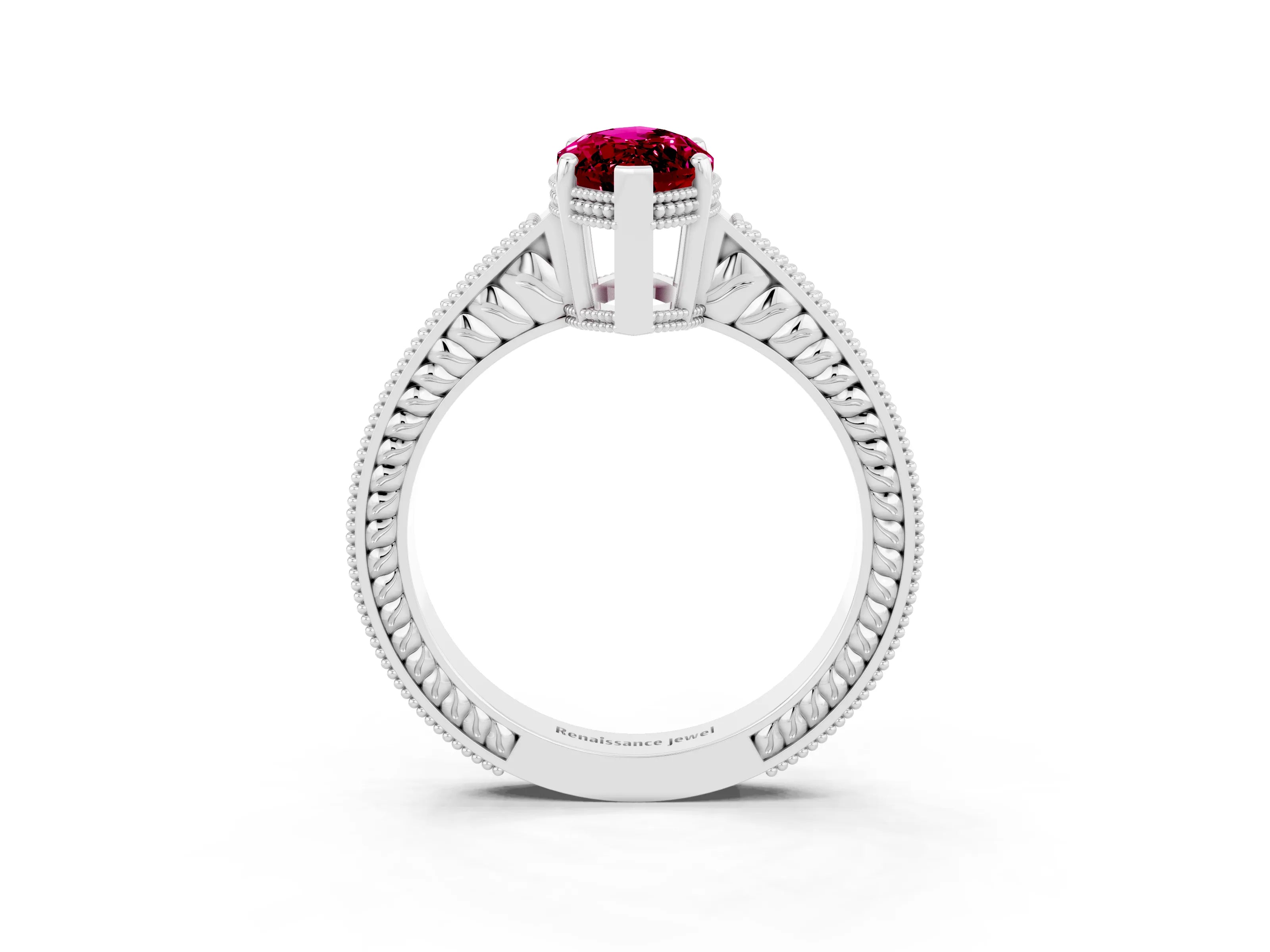 White gold Marquise Cut Garnet Ring with Milgrain Pavé Band and Four-Prong Setting_15