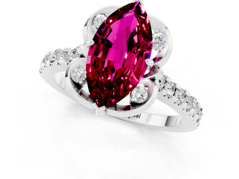 White gold Marquise Cut Garnet Ring with Pavé Band and Floral Prong Setting_1