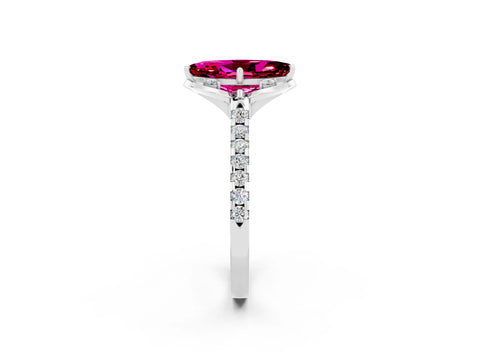 White gold Marquise Cut Garnet Ring with Pavé Band and Floral Prong Setting_2