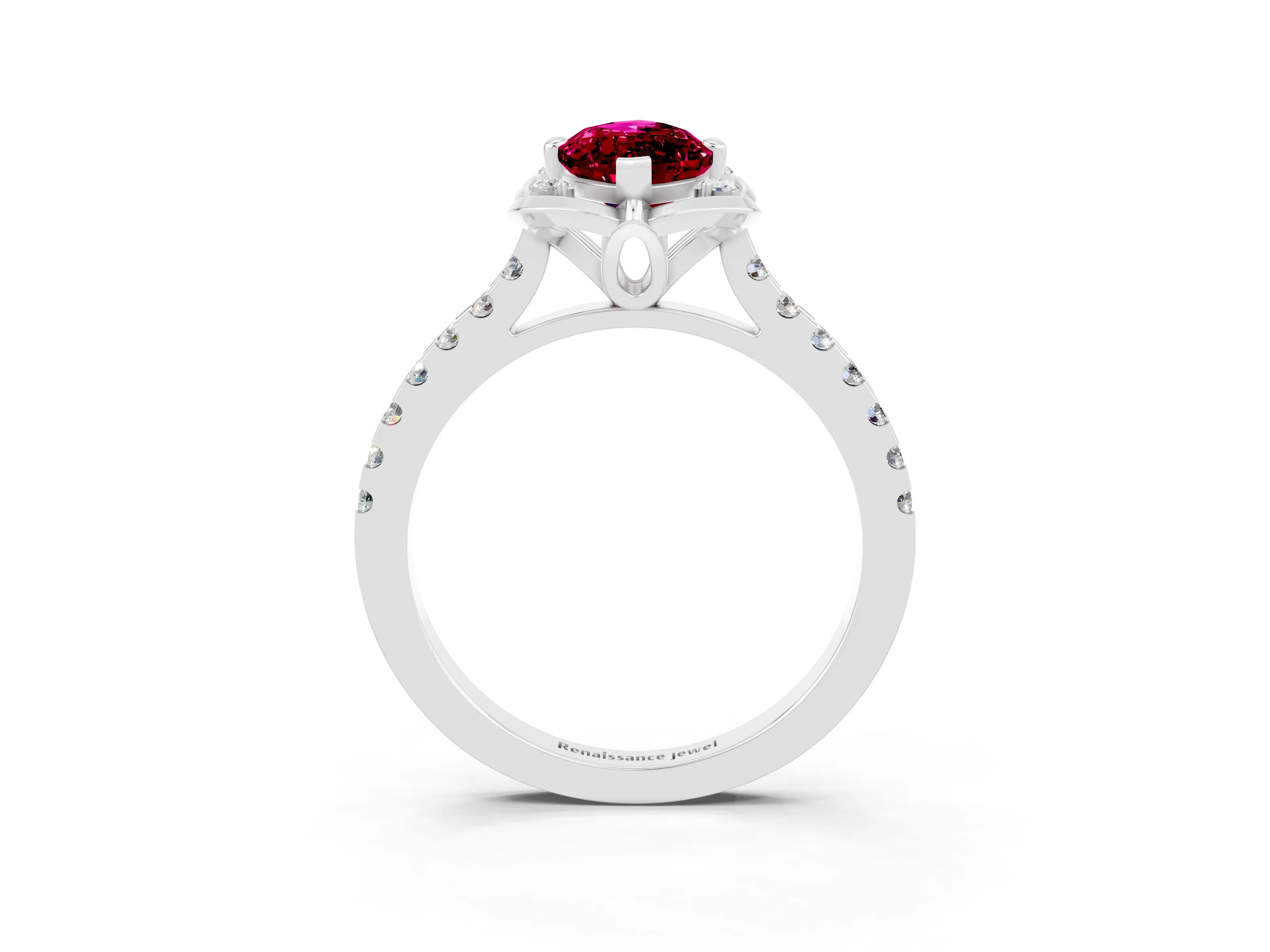 White gold Marquise Cut Garnet Ring with Pavé Band and Floral Prong Setting_3