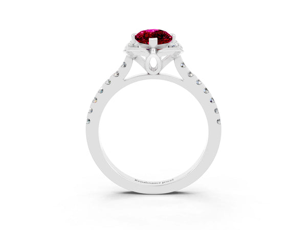 Silver Marquise Cut Garnet Ring with Pavé Band and Floral Prong Setting