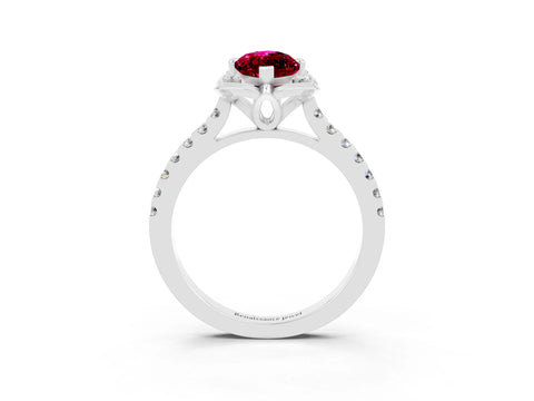 White gold Marquise Cut Garnet Ring with Pavé Band and Floral Prong Setting_3