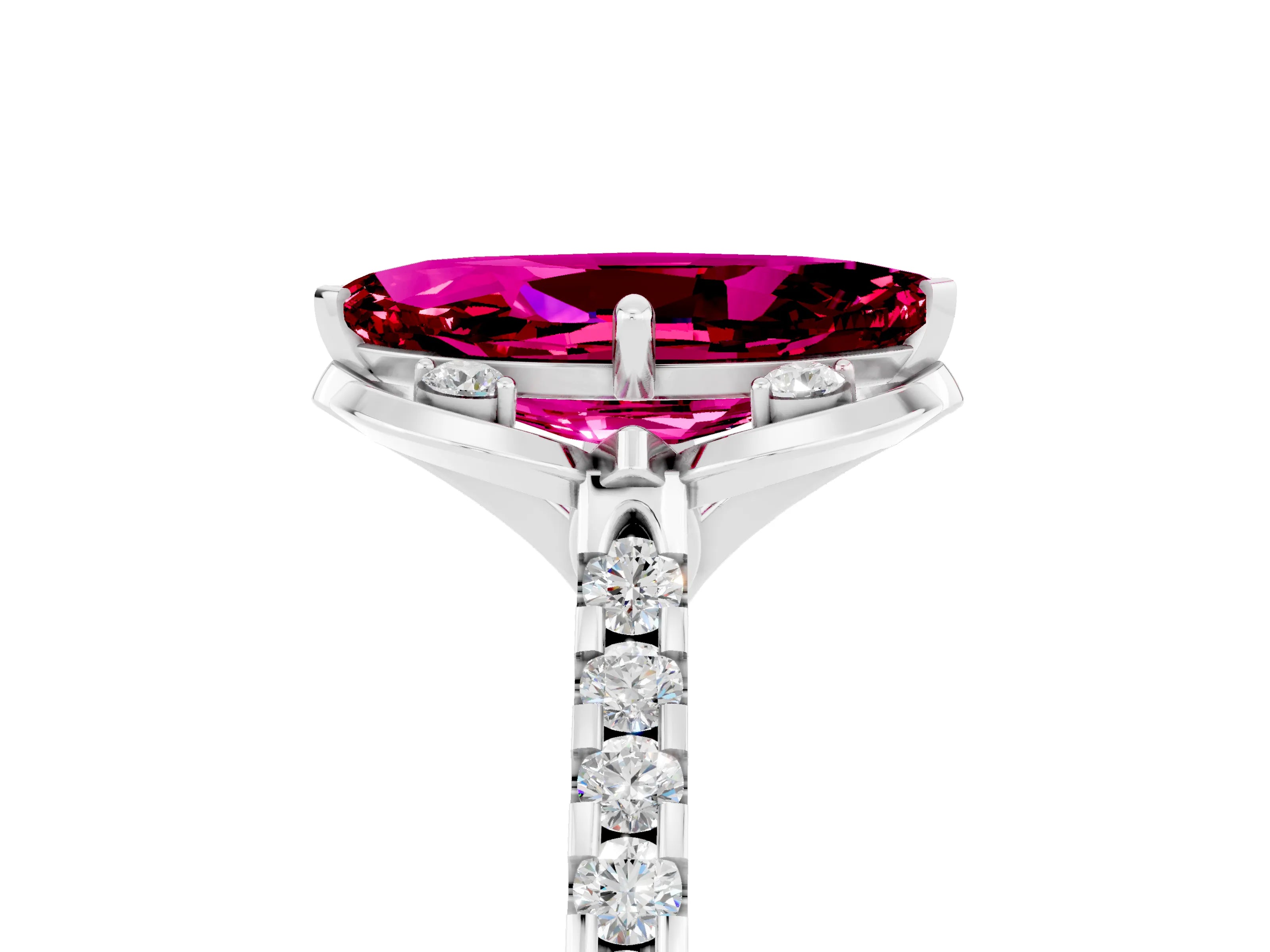 White gold Marquise Cut Garnet Ring with Pavé Band and Floral Prong Setting_5