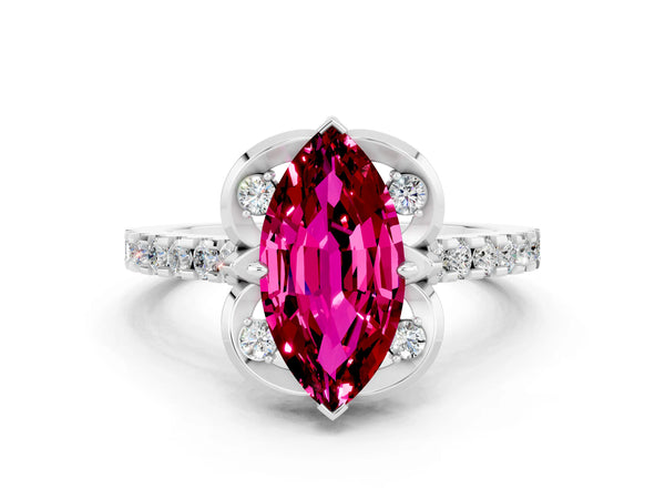 White gold Marquise Cut Garnet Ring with Pavé Band and Floral Prong Setting