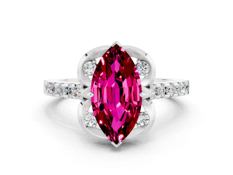 White gold Marquise Cut Garnet Ring with Pavé Band and Floral Prong Setting