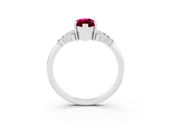 White gold Marquise Cut Garnet Ring with Side Stones and Four-Prong Setting