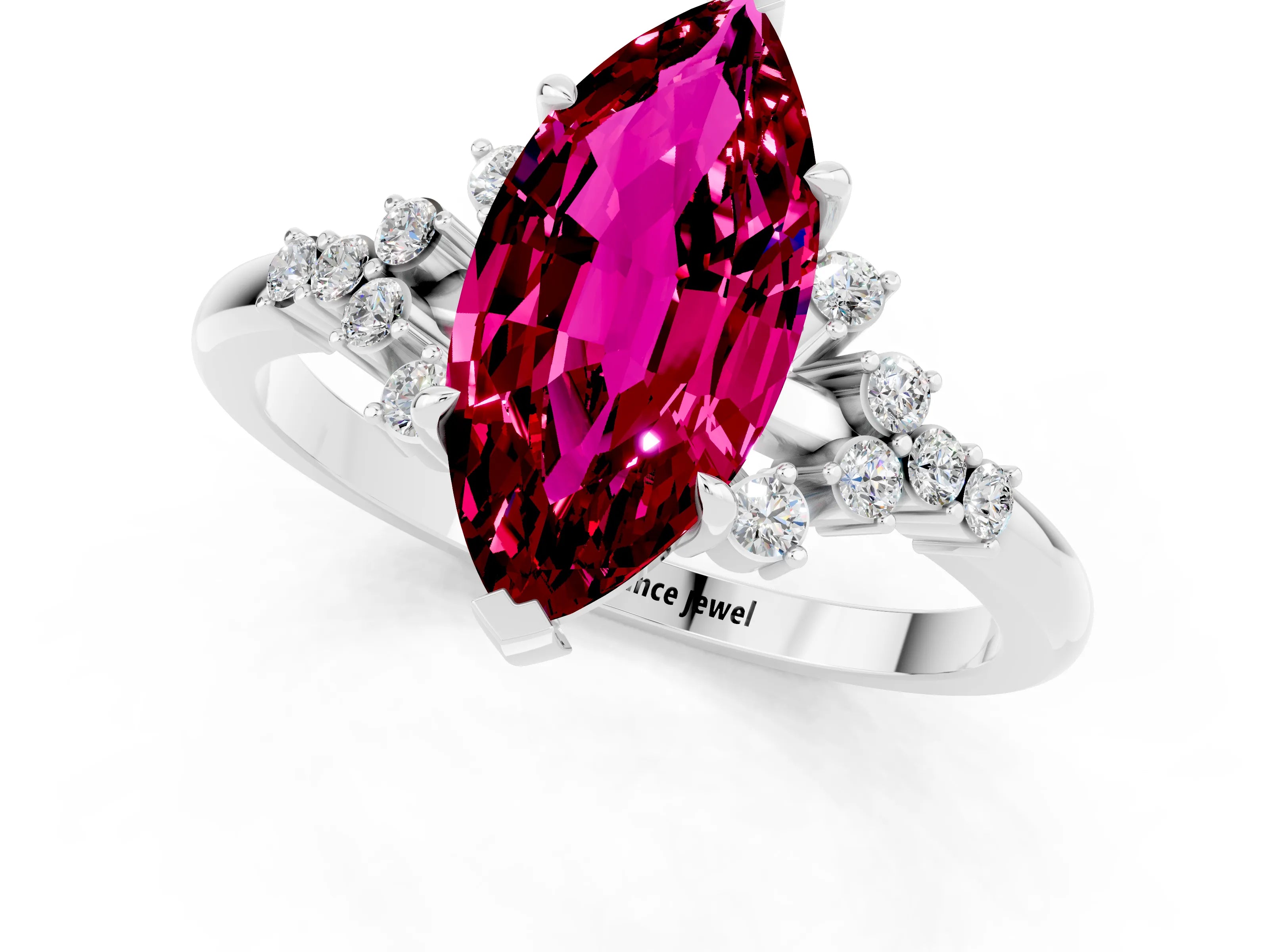 White gold Marquise Cut Garnet Ring with Side Stones and Four-Prong Setting_61