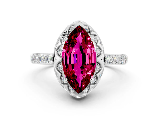 White gold Marquise Cut Garnet Scalloped Halo Engagement Ring with Round Shared Prong Band