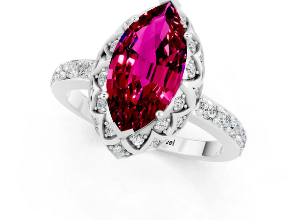 White gold Marquise Cut Garnet Scalloped Halo Engagement Ring with Round Shared Prong Band