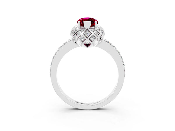 Silver Marquise Cut Garnet Scalloped Halo Engagement Ring with Round Shared Prong Band