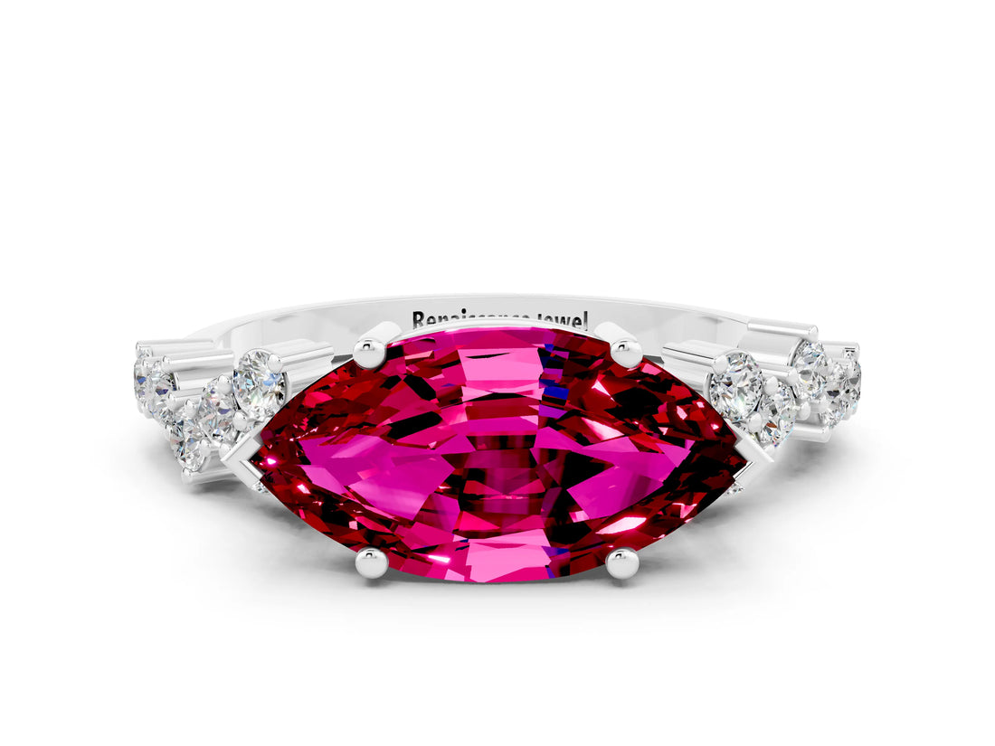 White gold Marquise Cut Garnet Scattered Round Accent Ring with Prong Setting_24