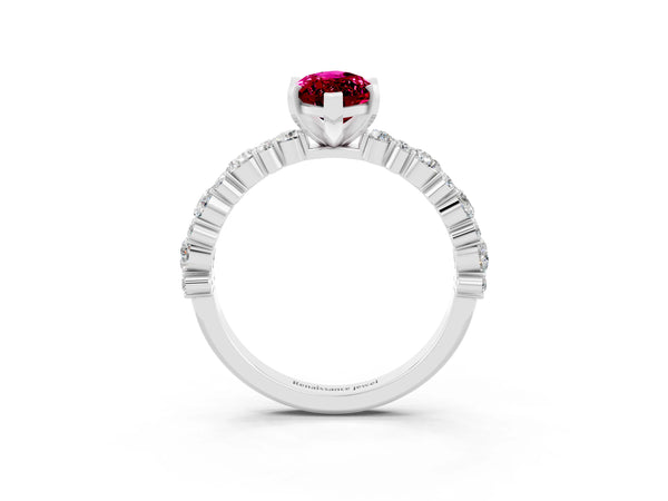Platinum Marquise Cut Garnet Side Stone Solitaire Ring with Round  and Four-Prong Setting