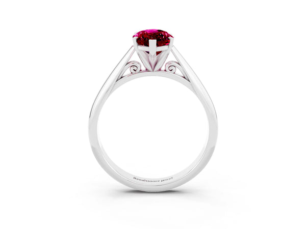 Platinum Marquise Cut Garnet Solitaire Engagement Ring with Cathedral Setting and Four-Prong Mount