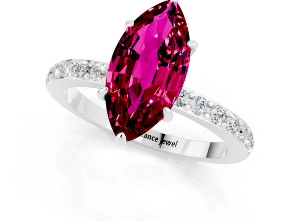 Platinum Marquise Cut Garnet Solitaire Engagement Ring with Pavé Band and Four-Prong Setting