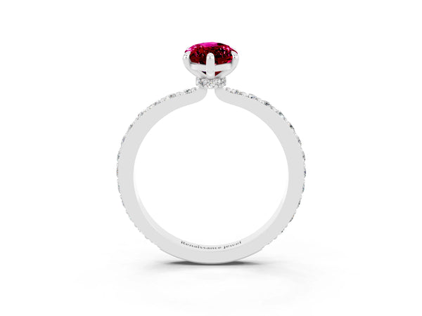 White gold Marquise Cut Garnet Solitaire Engagement Ring with Pavé Band and Four-Prong Setting