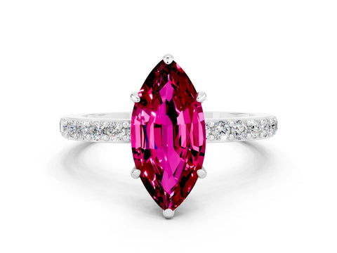 White gold Marquise Cut Garnet Solitaire Engagement Ring with Pavé Band and Four-Prong Setting