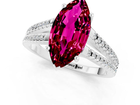 White gold Marquise Cut Garnet Solitaire Engagement Ring with Split Shank Pavé Band_1