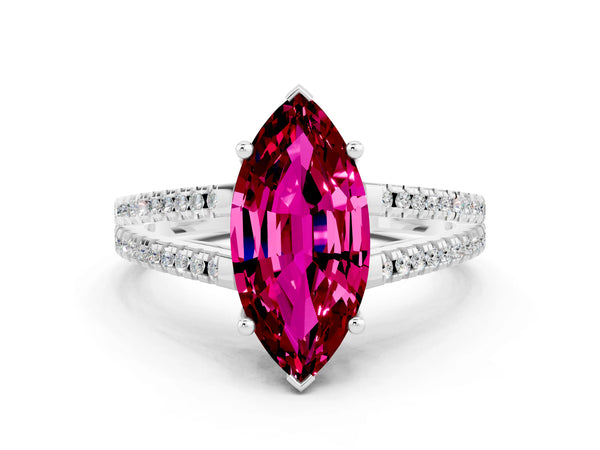 White gold Marquise Cut Garnet Solitaire Engagement Ring with Split Shank Pavé Band