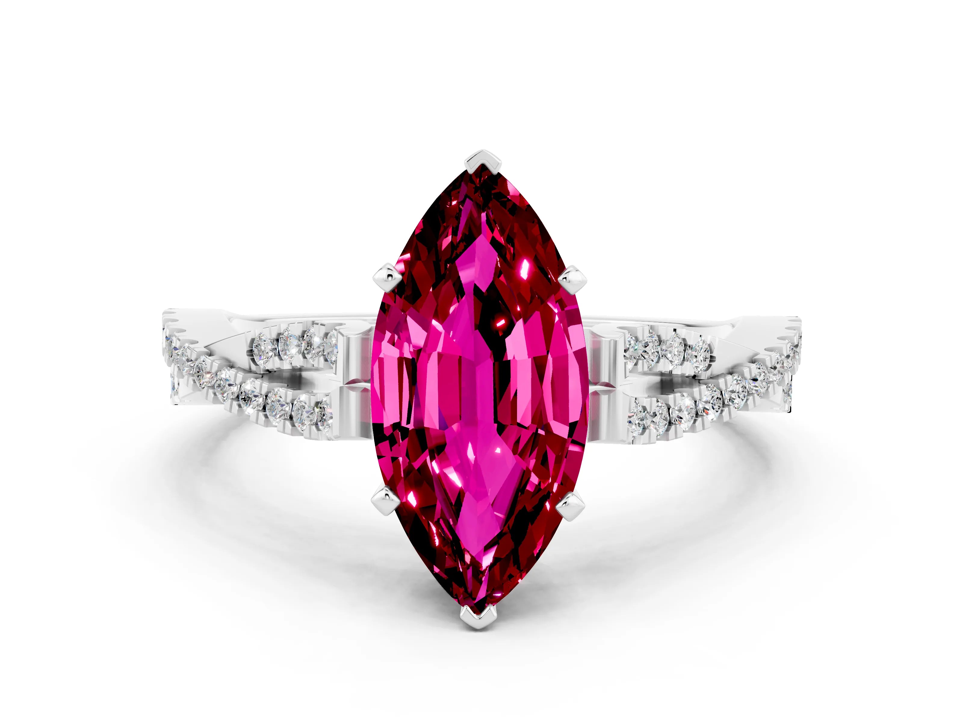 White gold Marquise Cut Garnet Solitaire Engagement Ring with Twisted Pavé Band and Four-Prong Setting