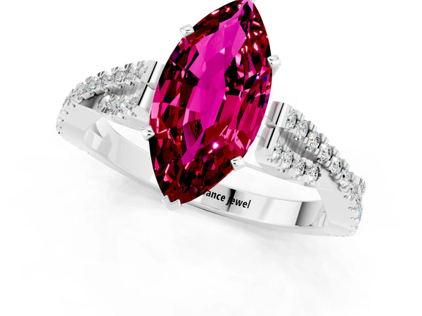 Platinum Marquise Cut Garnet Solitaire Engagement Ring with Twisted Pavé Band and Four-Prong Setting