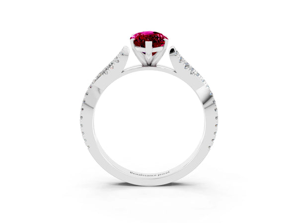 White gold Marquise Cut Garnet Solitaire Engagement Ring with Twisted Pavé Band and Four-Prong Setting