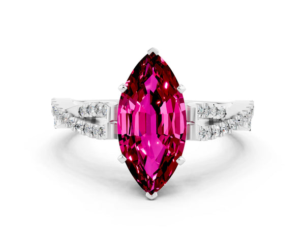 White gold Marquise Cut Garnet Solitaire Engagement Ring with Twisted Pavé Band and Four-Prong Setting