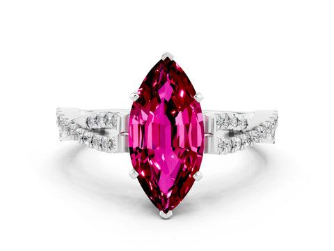 White gold Marquise Cut Garnet Solitaire Engagement Ring with Twisted Pavé Band and Four-Prong Setting