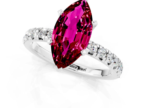 Platinum Marquise Cut Garnet Solitaire Pavé Engagement Ring with Round Band and Prong Setting