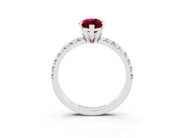Platinum Marquise Cut Garnet Solitaire Pavé Engagement Ring with Round Band and Prong Setting