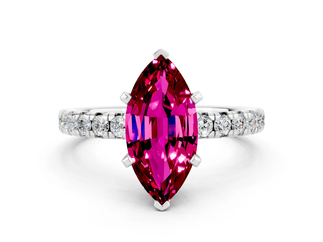 White gold Marquise Cut Garnet Solitaire Pavé Engagement Ring with Round Band and Prong Setting_78